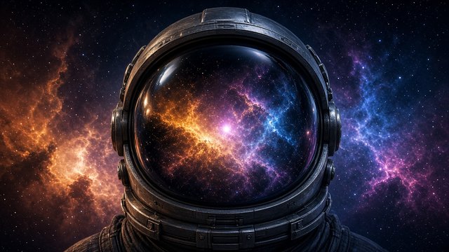 Centered astronaut helmet with a nebula reflected in the visor, no face visible, no patches, original AI profile picture wallpaper