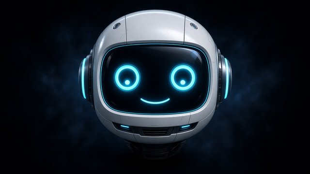 Centered friendly robot face with glowing cyan eyes on dark background, avatar composition, original AI profile picture wallpaper