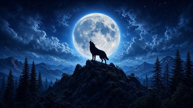 Centered howling wolf silhouette inside a big glowing full moon, dark blue night, original AI profile picture wallpaper