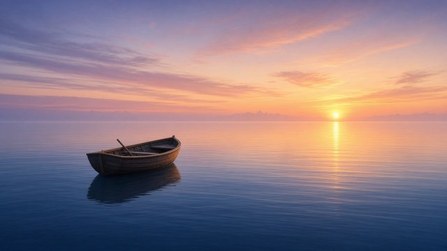 Single small rowboat on a perfectly calm sea at sunrise with vast empty space, no text, original AI motivational wallpaper