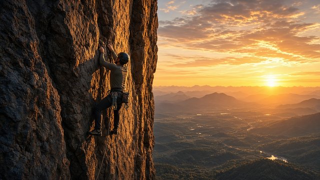 Adult rock climber on a sheer cliff face high above a valley at golden hour, no text, original AI motivational wallpaper