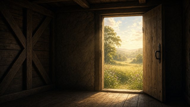 Wooden door opening in a dark room revealing brilliant light and a meadow beyond, no text, original AI motivational wallpaper