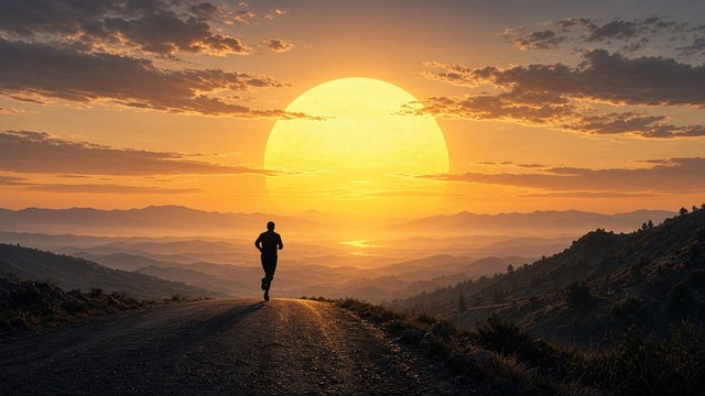 Adult runner silhouette on a hilltop road against a huge rising sun, no text, original AI motivational wallpaper