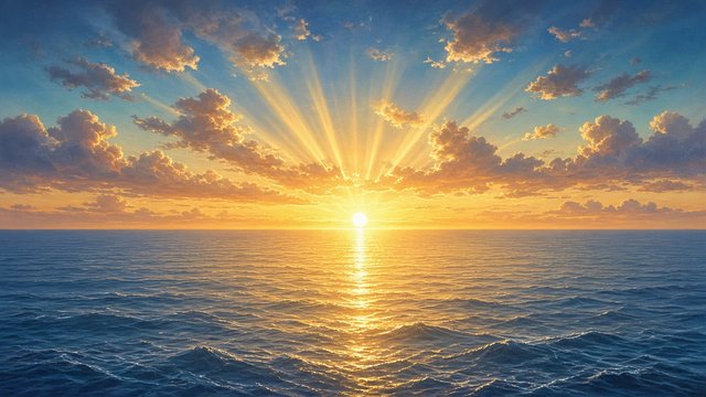 Sun breaking over the ocean horizon with rays across the water, fresh start mood, original AI motivational wallpaper