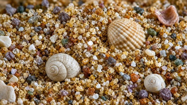 Macro photo of colorful sand grains and tiny seashells, sharp detail, original AI wallpaper