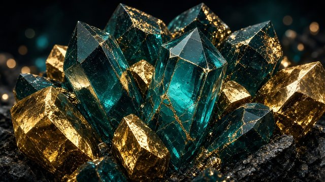 Crisp 3D render of faceted geometric crystals in teal and gold, sharp edges, original AI wallpaper