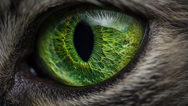 Extreme macro of a green domestic cat eye iris with soft fur around the eyelid, round soft-edged vertical pupil with intricate fibers and reflections, original AI resolution showcase wallpaper