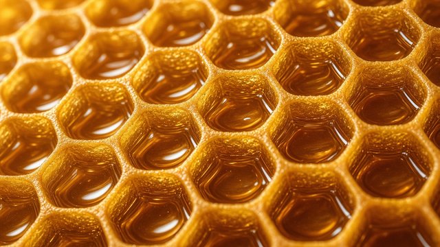 Extreme macro of golden honeycomb cells filled with glistening honey, original AI resolution showcase wallpaper