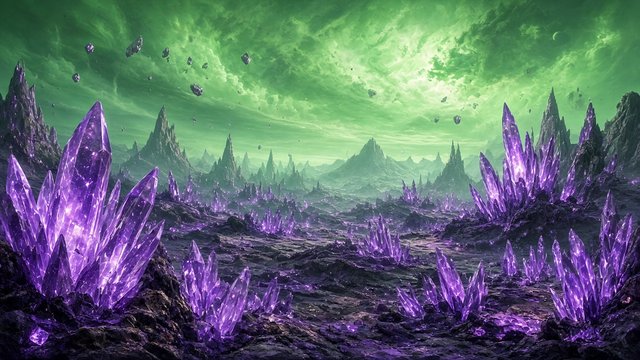 Alien planet surface covered in giant glowing purple crystals under a green sky, original AI space wallpaper