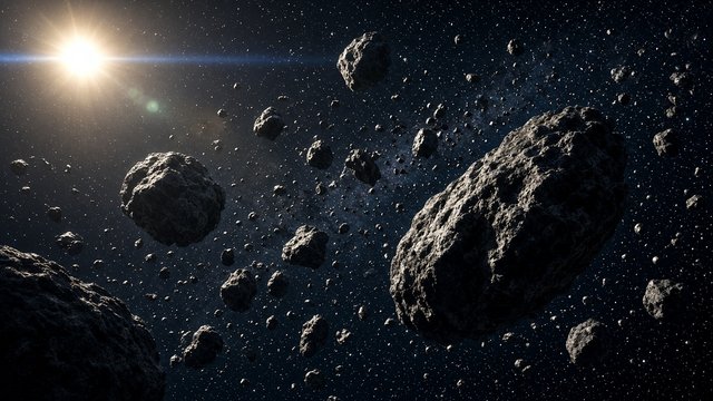 Tumbling asteroids of all sizes lit by a bright distant sun with lens flare in deep space, original AI space wallpaper