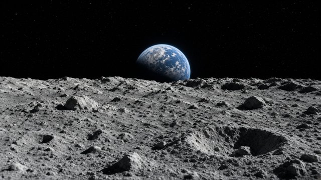 Grey cratered moon surface with a blue planet rising over the horizon against black space, original AI space wallpaper