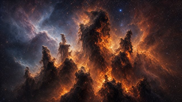 Towering columns of dark dust and orange glowing gas inside a star-forming nebula, original AI space wallpaper
