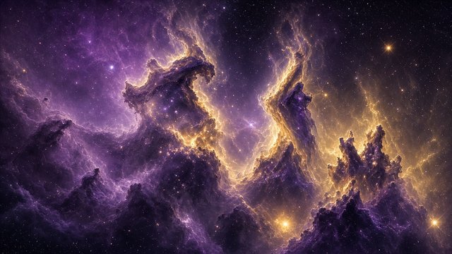 Towering cosmic gas pillars in purple and gold nebula with newborn stars, telescope-style image, original AI space wallpaper