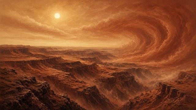 Vast rusty red planet canyon with swirling dust and a small pale sun in a butterscotch sky, original AI space wallpaper