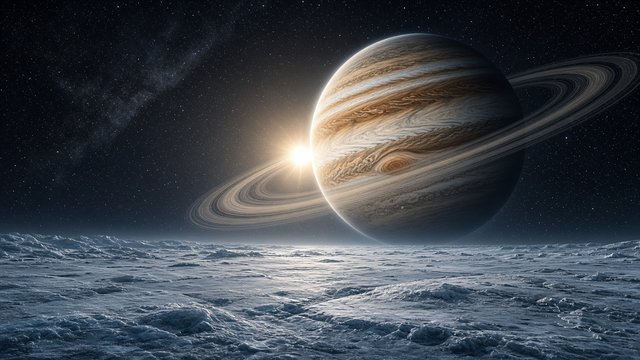 View from the icy surface of a moon as a star rises behind a giant banded gas planet with wide tilted rings, original AI space wallpaper
