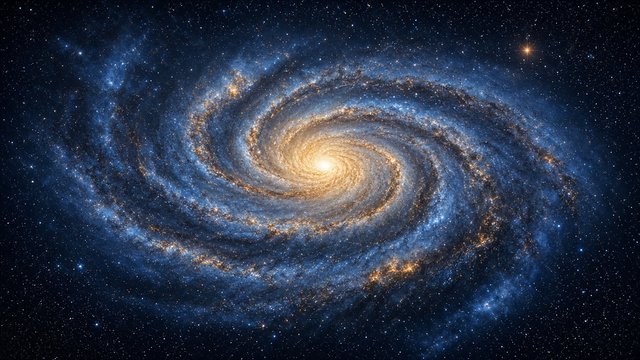 Majestic blue and gold spiral galaxy seen face-on in deep space, countless stars, astrophotography style, original AI space wallpaper