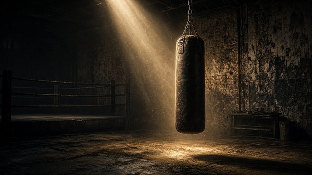 Gritty boxing gym with a heavy bag in a shaft of light, dust in the air, no people, no logos, original AI sports wallpaper