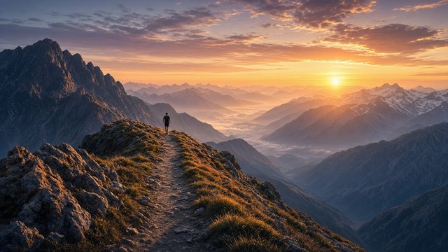 Adult trail runner on a ridge trail in the mountains at sunrise, small figure, epic view, original AI sports wallpaper
