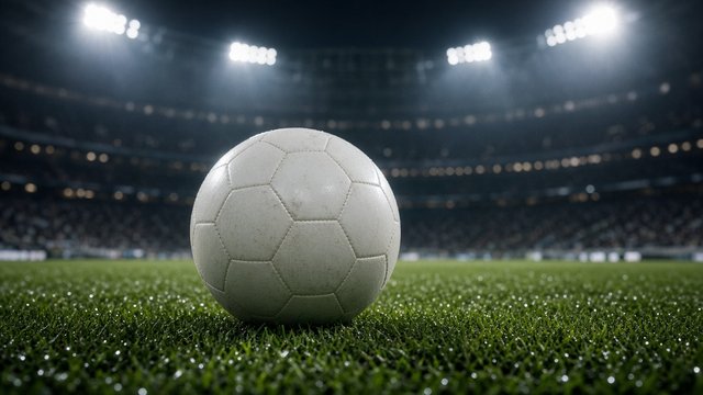 Plain white soccer ball on wet grass under bright stadium floodlights, empty stands blurred, original AI sports wallpaper
