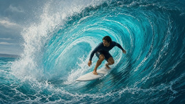 Adult surfer riding a huge turquoise wave barrel, spray, action shot, plain board, original AI sports wallpaper