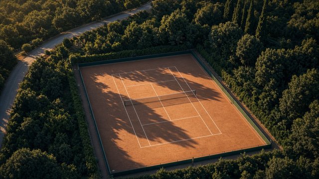 Aerial view of a clay tennis court with long evening shadows, minimal and empty, original AI sports wallpaper