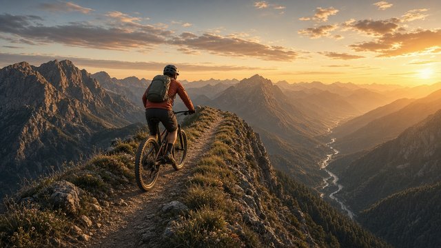 Adult mountain biker riding a narrow ridge trail with sweeping valley views at golden hour, helmet on, original AI sports wallpaper