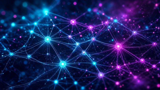 Abstract glowing neural network of connected nodes and lines in cyan and magenta, depth, original AI tech wallpaper
