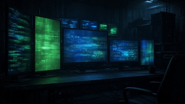 Dark room with multiple monitors glowing green and blue with abstract blurred data, no readable code, original AI tech wallpaper