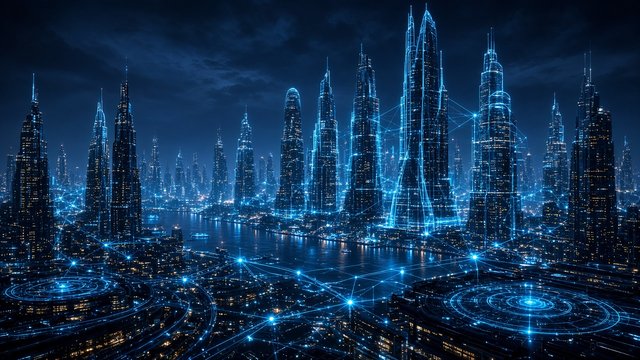 Futuristic city skyline with holographic blue wireframe overlays, night, no text, original AI tech wallpaper
