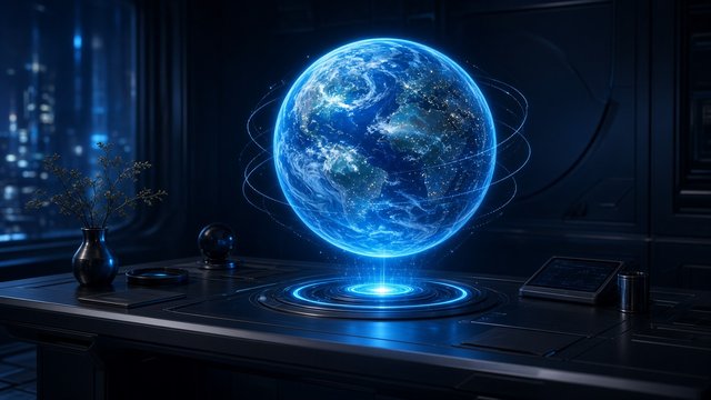 Glowing blue holographic globe of the Earth floating above a sleek desk in a dark room, original AI tech wallpaper