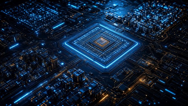 Macro of a glowing microchip surface that looks like a futuristic city at night, original AI tech wallpaper