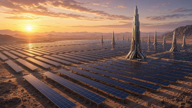 Vast futuristic solar panel farm in a desert with sleek towers at golden hour, original AI tech wallpaper