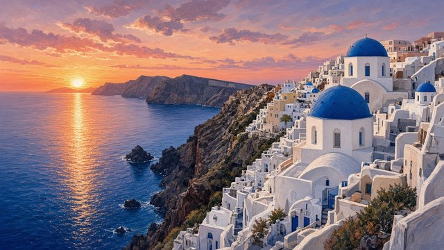 Whitewashed cliffside village with blue domes overlooking a deep blue sea at sunset, original AI travel wallpaper