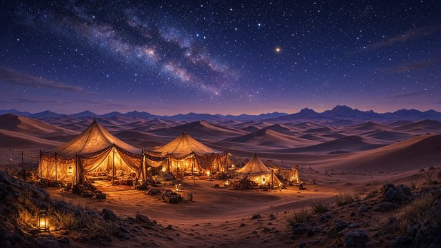 Cozy desert camp with glowing tents among sand dunes under a starry night sky, original AI travel wallpaper