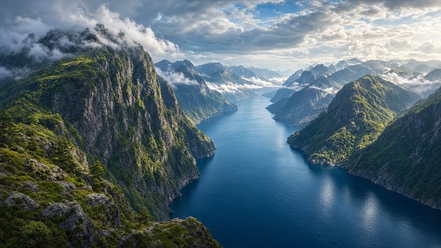 Dramatic fjord with steep green cliffs and deep blue water seen from a high viewpoint, original AI travel wallpaper