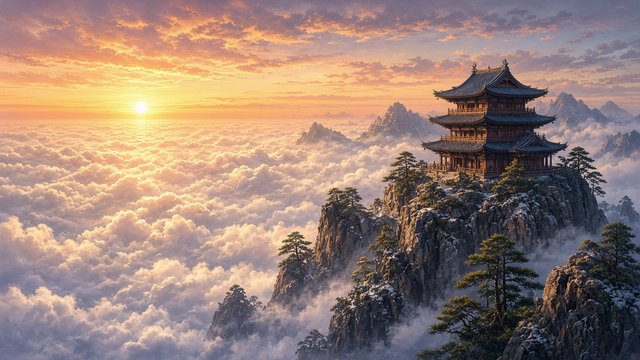 Pagoda temple perched on a mountain ridge above a sea of clouds at sunrise, original AI travel wallpaper