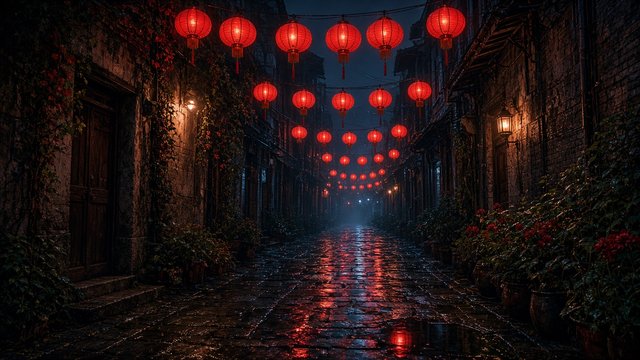 Narrow alley strung with glowing red paper lanterns at night, wet stones, no writing on lanterns, original AI travel wallpaper