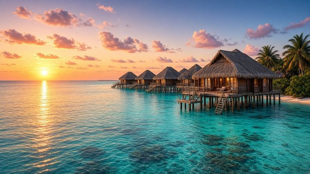 Overwater bungalows on stilts in a turquoise lagoon at sunrise, tropical island, original AI travel wallpaper