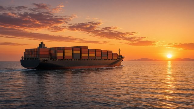 Large unbranded container ship sailing across a calm ocean at orange sunset, plain colored containers with no markings, original AI vehicle wallpaper