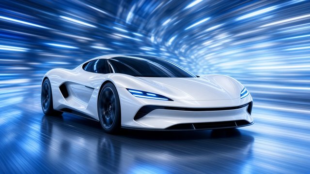 Original badgeless futuristic white electric supercar speeding through a tunnel of streaking blue light, no logos or plates, original AI vehicle wallpaper