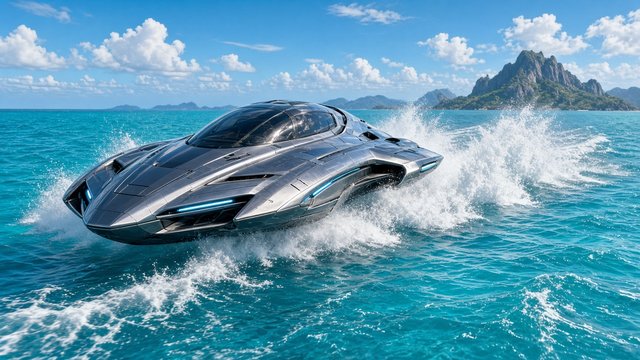 Sleek original futuristic hovercraft skimming over turquoise waves leaving spray trails, bright day, concept art, original AI vehicle wallpaper
