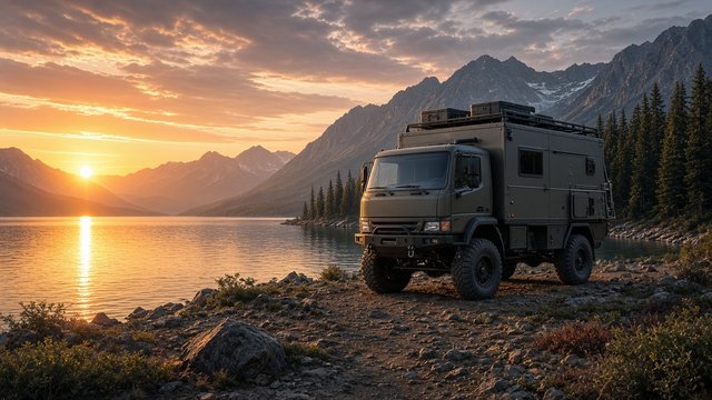 Original badgeless rugged off-road camper truck parked beside a mountain lake at sunrise, no logos, original AI vehicle wallpaper