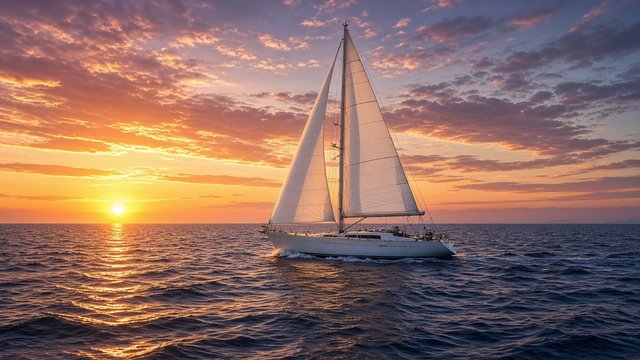 Elegant white sailboat with plain sails on the open ocean at sunset, original AI vehicle wallpaper