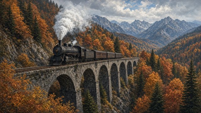 Unmarked vintage steam locomotive crossing a stone viaduct in autumn mountains, steam plume, original AI vehicle wallpaper